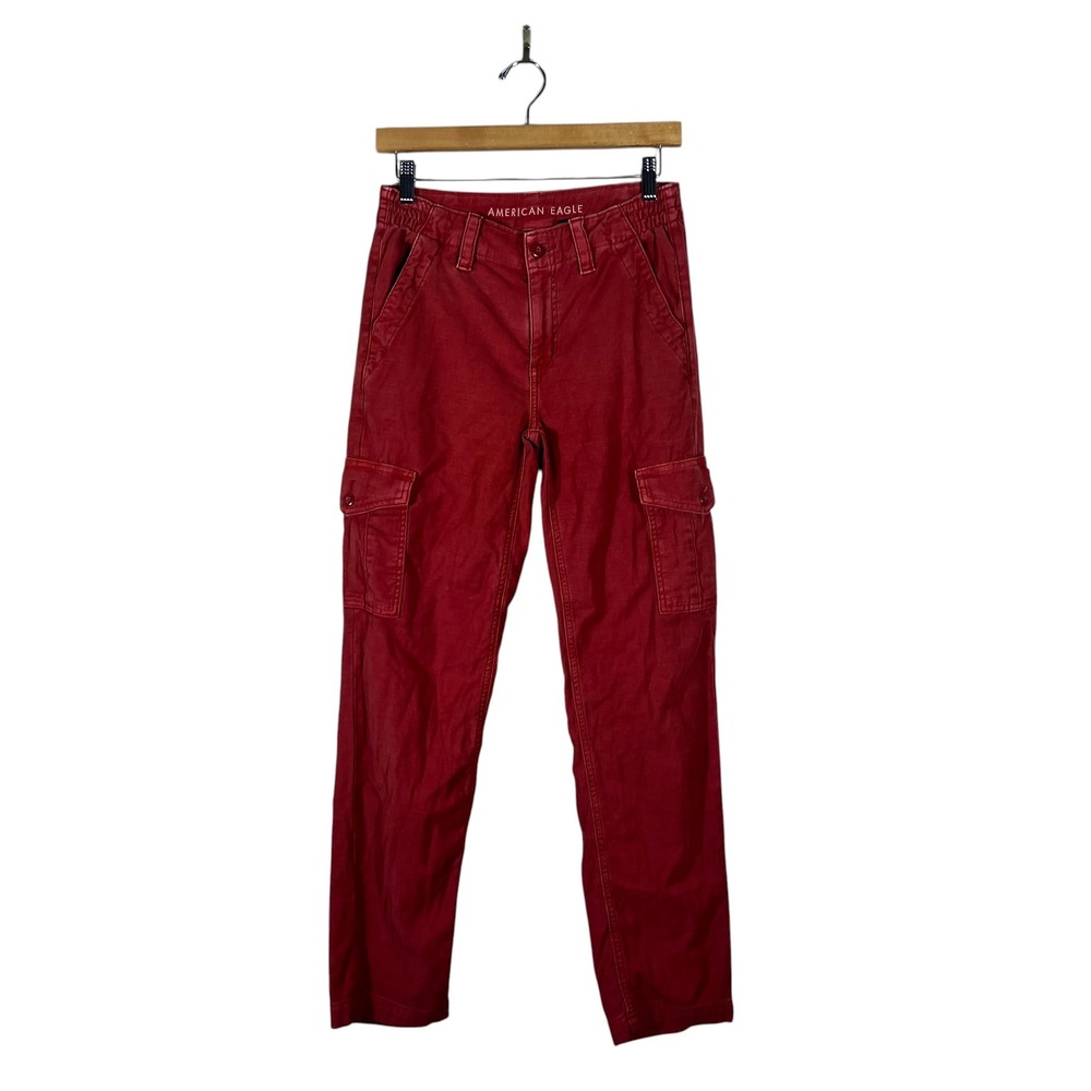 American Eagle Cargo Solid Pants Red Utility Stretch Mid Rise Straight Size 2